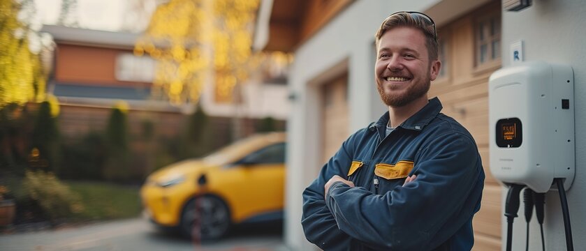 Electrician smiling and installing a home car electric charge.
