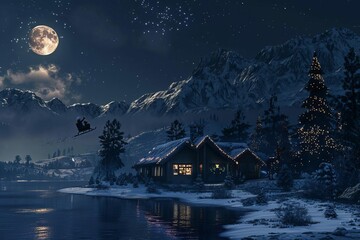 Enchanting night scene with Santa Claus flying over the North Pole in his sleigh, capturing the magic of Christmas