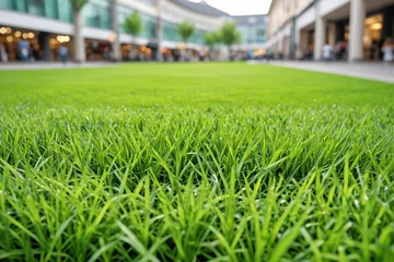 Fotobehang Texture of spring grass against the backdrop of a large shopping center. Green lawn in the city against the backdrop of a store. © 360VP