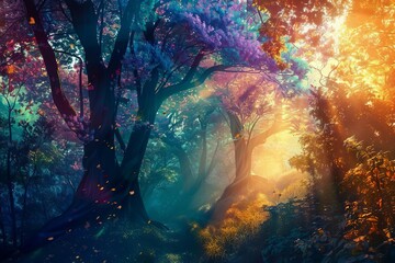 Enchanted forest landscape, magical fairy tale scene, dreamy vibrant colors, mysterious atmosphere, fantasy concept art