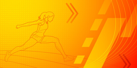 Long jumper themed background in yellow and red tones with abstract lines and dots, with sport symbols such as a female athlete and a running track