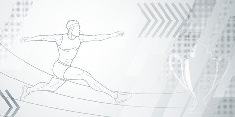 Long jumper themed background in gray tones with abstract lines and dots, with sport symbols such as a male athlete and a cup