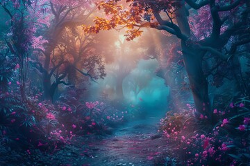 Obraz na płótnie Canvas Enchanted forest landscape, magical fairy tale scene, dreamy vibrant colors, mysterious atmosphere, fantasy concept art