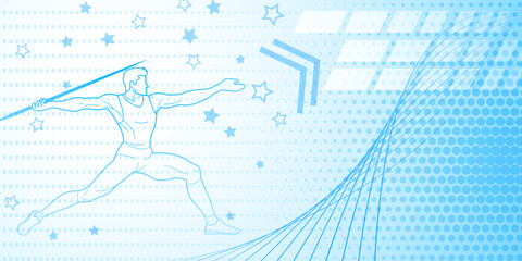 Javelin thrower themed background in blue tones with abstract lines and dots, with sport symbols such as a male athlete