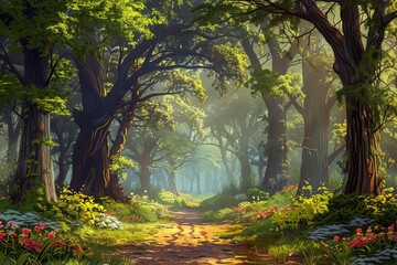 Enchanted fairytale forest with majestic trees and lush vegetation, digital painting - obrazy, fototapety, plakaty