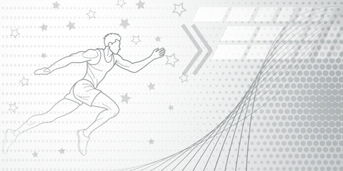 Runner or long jumper themed background in gray tones with abstract lines, stars and dots, with sport symbols such as a male athlete and a running track