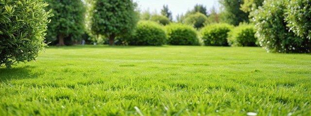 Green lawn against the backdrop of a garden with trees. Sunny and bright day. Green grass against a...