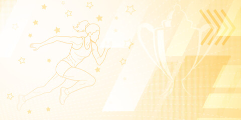 Runner themed background in yellow tones with abstract lines and dots, with sport symbols such as a female athlete and a cup
