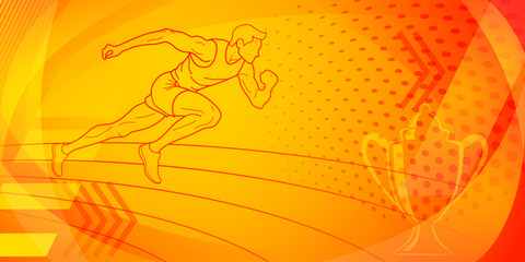 Runner themed background in orange and red tones with abstract curves and dots, with sport symbols such as a male athlete, running track and a cup
