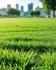 Fotobehang Cityscape with green lawn outdoors. City Park. Green background with copy space. © 360VP