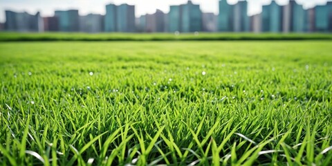 Cityscape with green lawn outdoors. City Park. Green background with copy space.