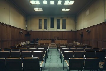 Empty courtroom interior, law and justice concept, judicial system background