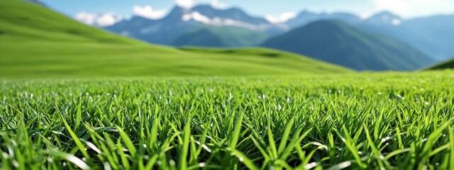Green alpine meadows against the backdrop of mountains. Lawn in the mountains. Background of green grass in wild nature - obrazy, fototapety, plakaty