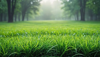 Green lawn with fresh grass against the backdrop of a foggy forest. Nature spring grass background...