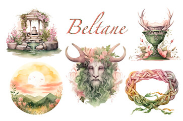 Green and Pink fertility festival Set of Beltane Wiccan watercolor illustrations. Wheel of the year isolated folklore art. Celtic pagan PNG bundle with Horned God, handfasting cord and sacred well. - obrazy, fototapety, plakaty