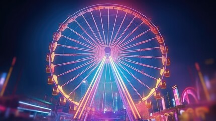 Colorful Ferris Wheel with Rainbow Lights in Dark Amusement Park at Night with bright colorful neon lights.