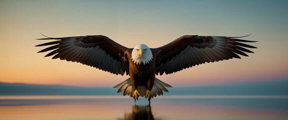 Obraz premium Eagle flies with spread wings and hunts prey against sky and sea background at sunset