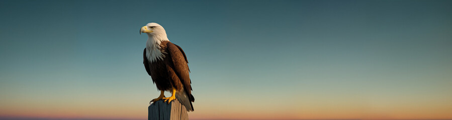 Obraz premium A beautiful confident eagle sits on the background of the sky and the sea at sunset. Copy space for advertising text