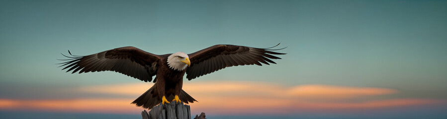 Eagle flies with spread wings and hunts prey against sky and sea background at sunset. Copy space for advertising text