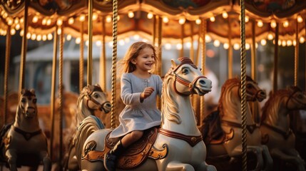 Fototapeta na wymiar Joyful girl smiling while riding a decorated carousel horse at a colorful carnival