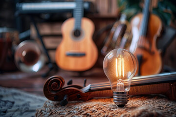 Capturing the Creative Fusion of Ideas and Music: A Harmonious Arrangement of Bulb and Musical Instruments Symbolizing the Flow of Music - obrazy, fototapety, plakaty