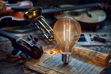 Capturing the Creative Fusion of Ideas and Music: A Harmonious Arrangement of Bulb and Musical...