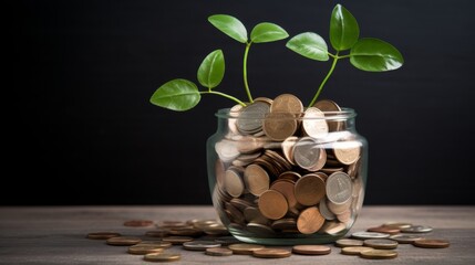 Growth Amidst Wealth: Sprouting Plant in Coin Jar Ai generated