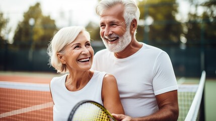 Happy elderly couple in sporty outfits smiling on tennis court, enjoying active lifestyle together