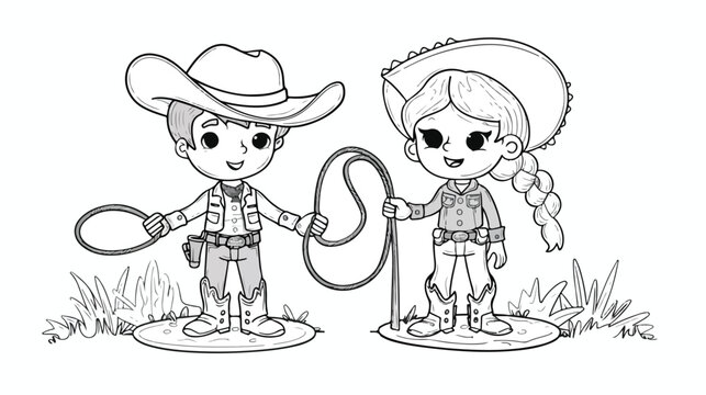 Coloring page with a cute cowboy and cowgirl with l