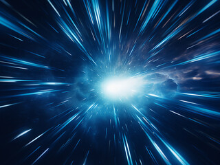 Warp or hyperspace motion captured in abstract blue star trail.