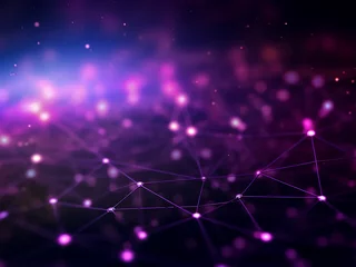 Deurstickers Purple background features interconnected dots and lines, creating a plexus effect. © Llama-World-studio