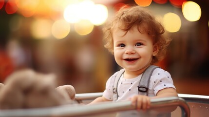 Baby toddler smiling and looking at camera with blurred amusement on background. Newborn baby portrait.