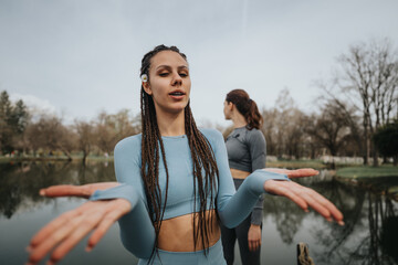 A focused young woman performs a yoga pose in a tranquil park, with a calm friend in the...