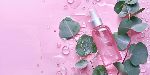 bottle of perfume with pink flowers and eucalyptus aromatic rose petals branches on pink background  beautiful mirror, closeup with space for text.