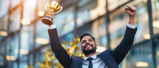 A triumphant businessman in a suit holds a golden trophy aloft, symbolizing his success and recognition as a top-performing employee