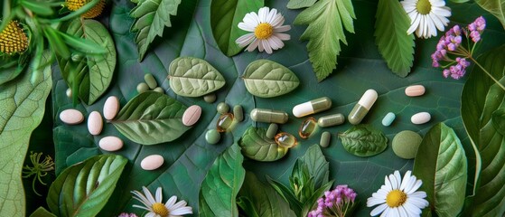 Assorted natural herbal and vitamin supplements carefully placed on vibrant green leaves, surrounded by wildflowers, embodying a holistic approach to health and wellness