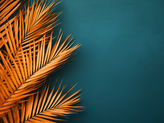 Top-view display features lush palm leaves against a dual-tone backdrop.