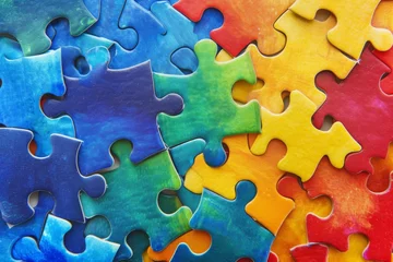 Foto op Canvas Colorful pieces puzzles background. World autism awareness day concept. Top view © vejaa