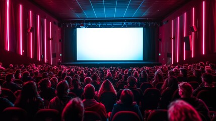 Cinema full of people watching movie blank screen