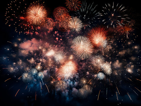 Beautiful fireworks explode against a dark backdrop.