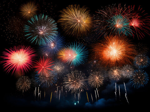 Explosive display of fireworks on a dark background.