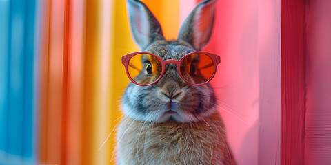 A rabbit wearing sunglasses and a red glasses  brown Rabbit against rainbow Background Portrait of a cute  on a colored studio Easter concept.