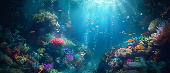 Naklejka na ściany i meble Fantasy underwater world with corals and tropical fish. marine wallpaper. undersea fauna of tropics