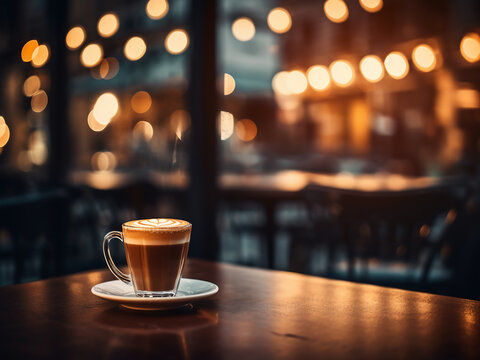Modern coffee shop blurs into background with colorful bokeh.