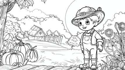 Coloring page with cute little farmer pumpkins and