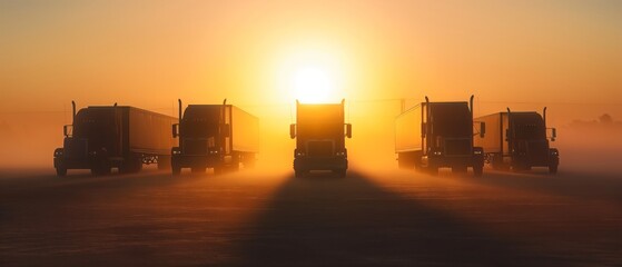 Parked trucks in front of bright sunrise or sunset
