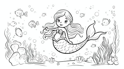 Naklejka premium Coloring page with cute little mermaid. Outline vec