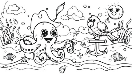 Coloring page with cute pirate octopus parrot and a