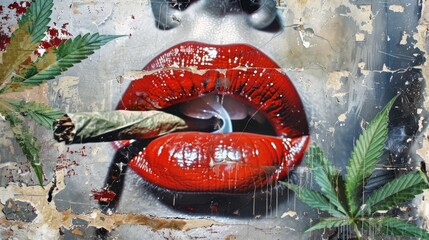 Retro collage style wheat paste of cannabis smoking red lips vintage