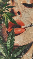 Retro collage style wheat paste of cannabis smoking red lips vintage